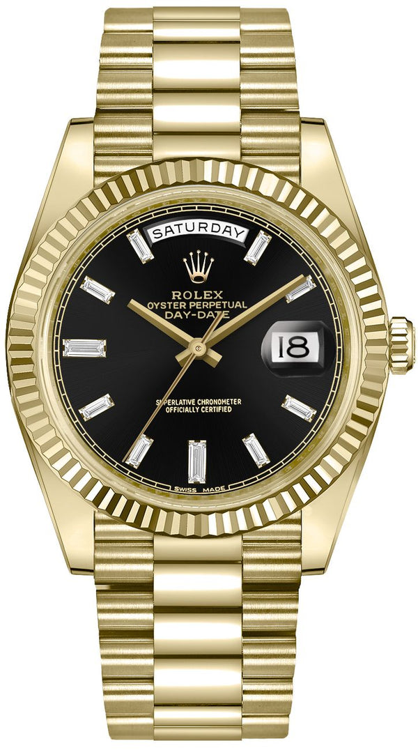 Rolex Day-Date 40 18k Yellow Gold - Baguette Diamond Dial - Fluted Bezel (Ref# 228238)