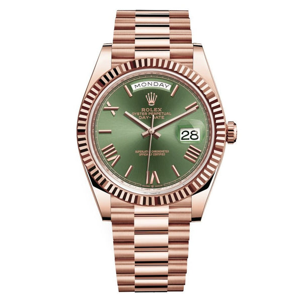Rolex Day-Date 40 Rose Gold Green Roman Dial - Fluted Bezel (Ref#228235)