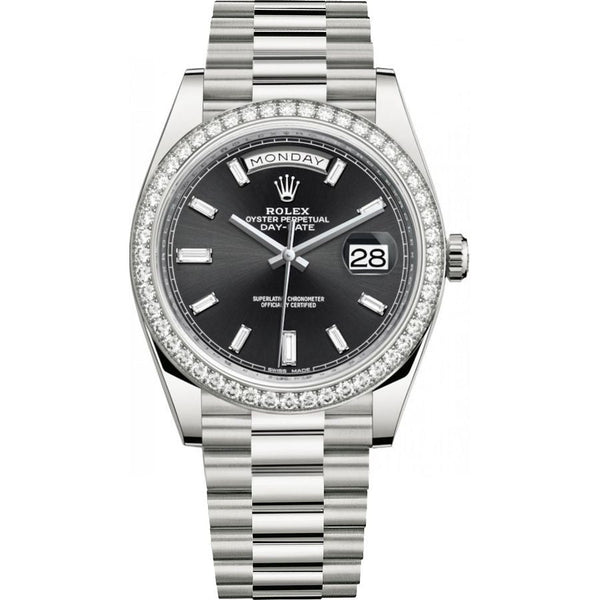 Rolex Day-Date 40 White Gold Day-Date 40 Watch - White Gold Bezel - Black Baguette Diamond Dial 228349RBR